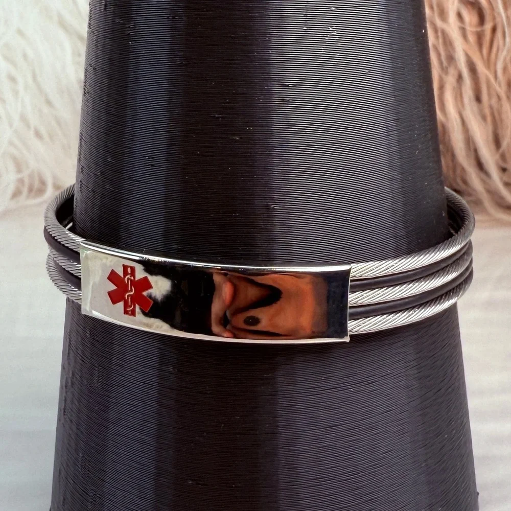 Stainless Steel Silvertone Black Unisex Medical Alert ID Bracelet
